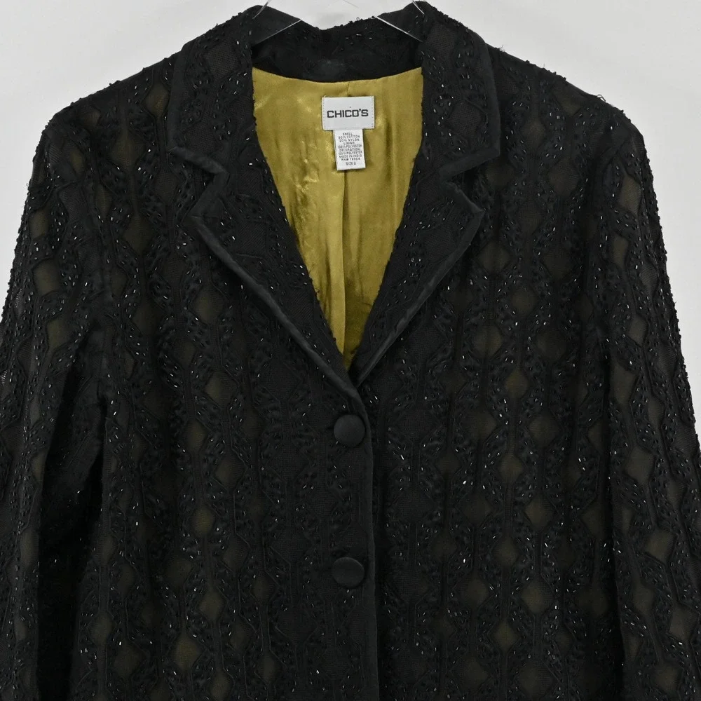 Chicos Beaded‎ Diamond Lattice Blazer Womens Size 2 L Black Cotton Formal Jacket